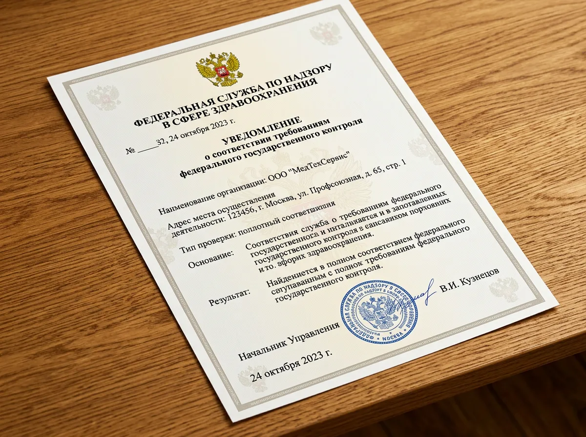 Документ о надзоре Росздравнадзора, уведомление о соответствии требованиям федерального контроля